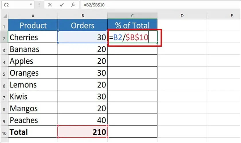 Nhập công thức tính phần trăm trong Excel