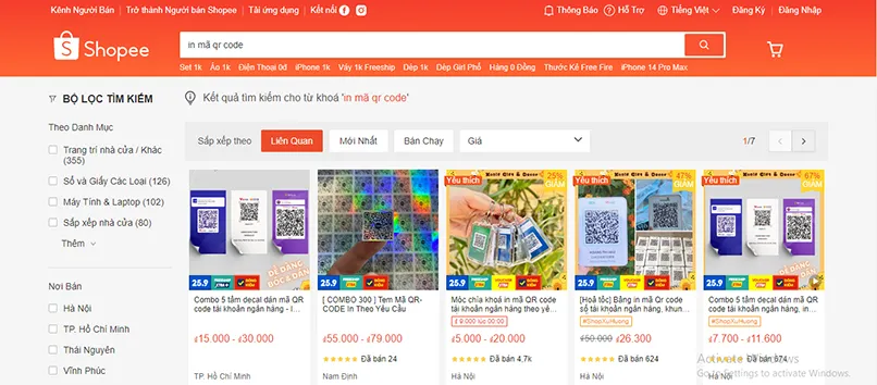 Chỉ cần tra cứu từ khóa “in mã QR Code”, sàn thương mại điện tử sẽ gợi ý cho bạn rất nhiều lựa chọn mẫu in mã QR.